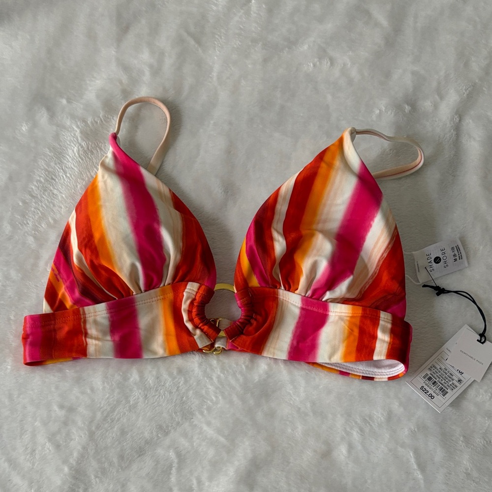 Shade & Shore Pink Orange Striped Bikini Top with Ring Accent